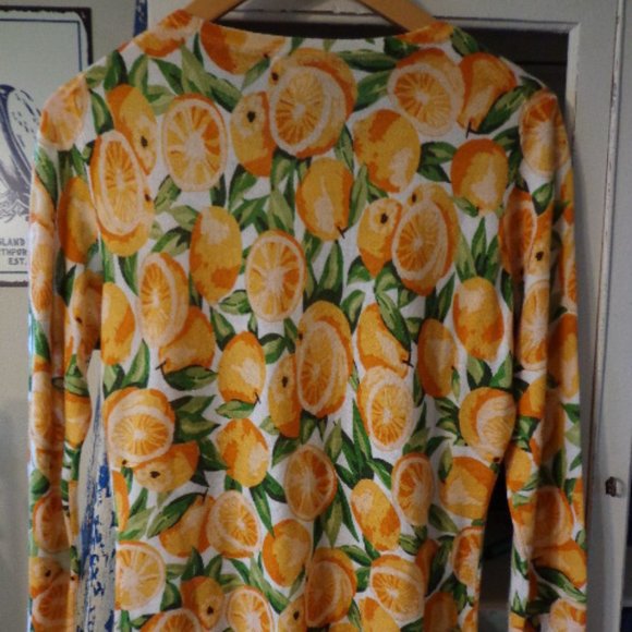 NWOT Garnet Hill Signature Merino Cardigan S Oranges Print Button Down - Picture 2 of 9